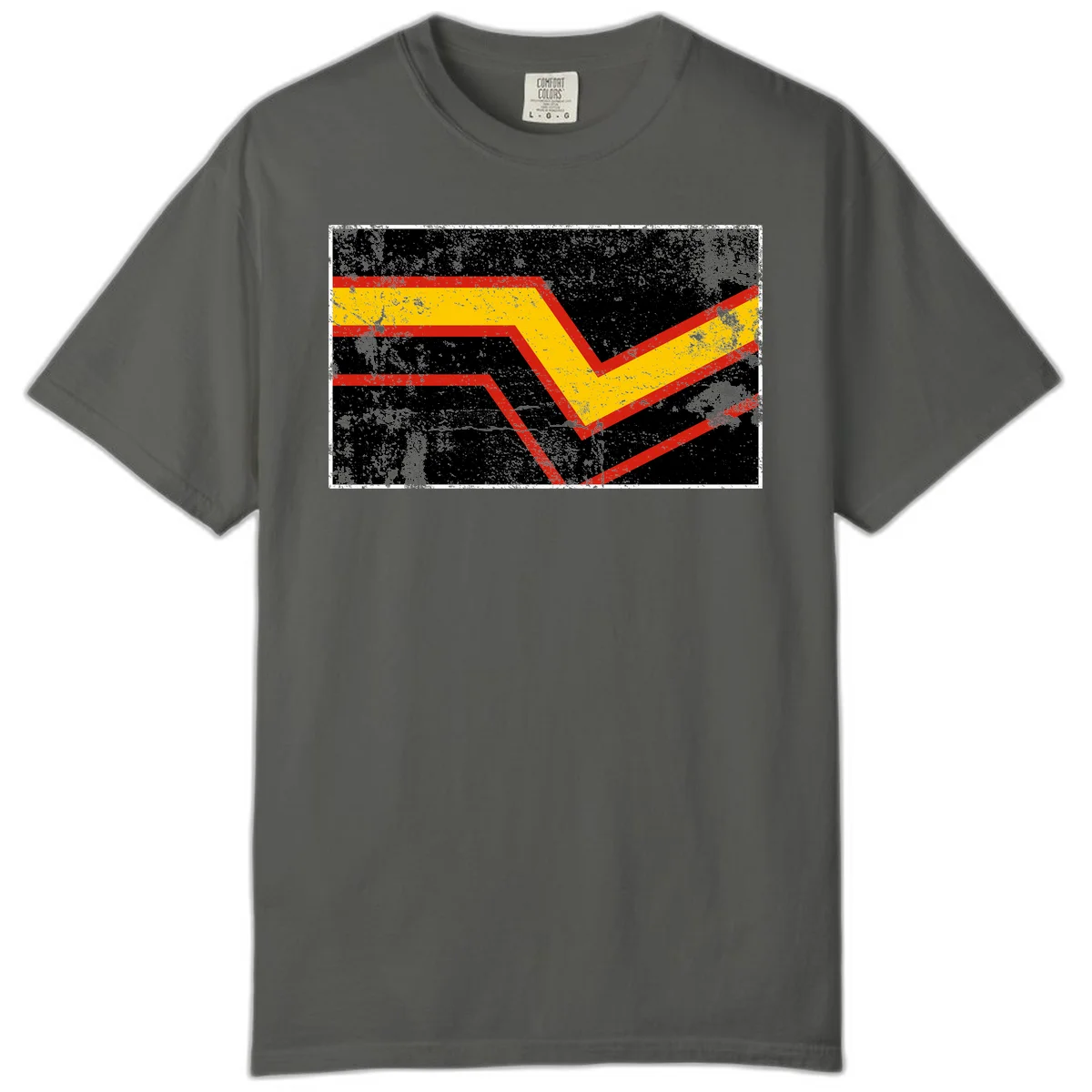 Bold geometric chevron checkmark with red and yellow stripes on distressed black background in Pepper