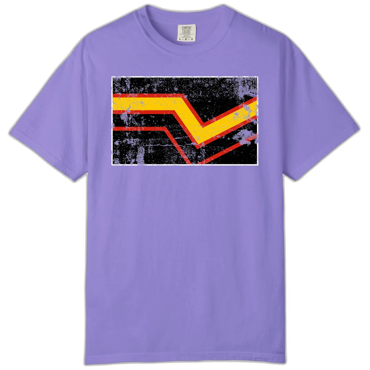 Bold geometric chevron checkmark with red and yellow stripes on distressed black background in Violet