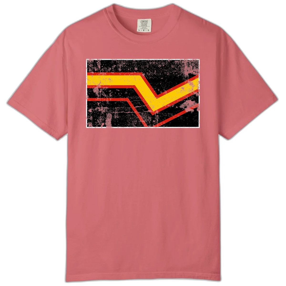 Bold geometric chevron checkmark with red and yellow stripes on distressed black background in Watermelon