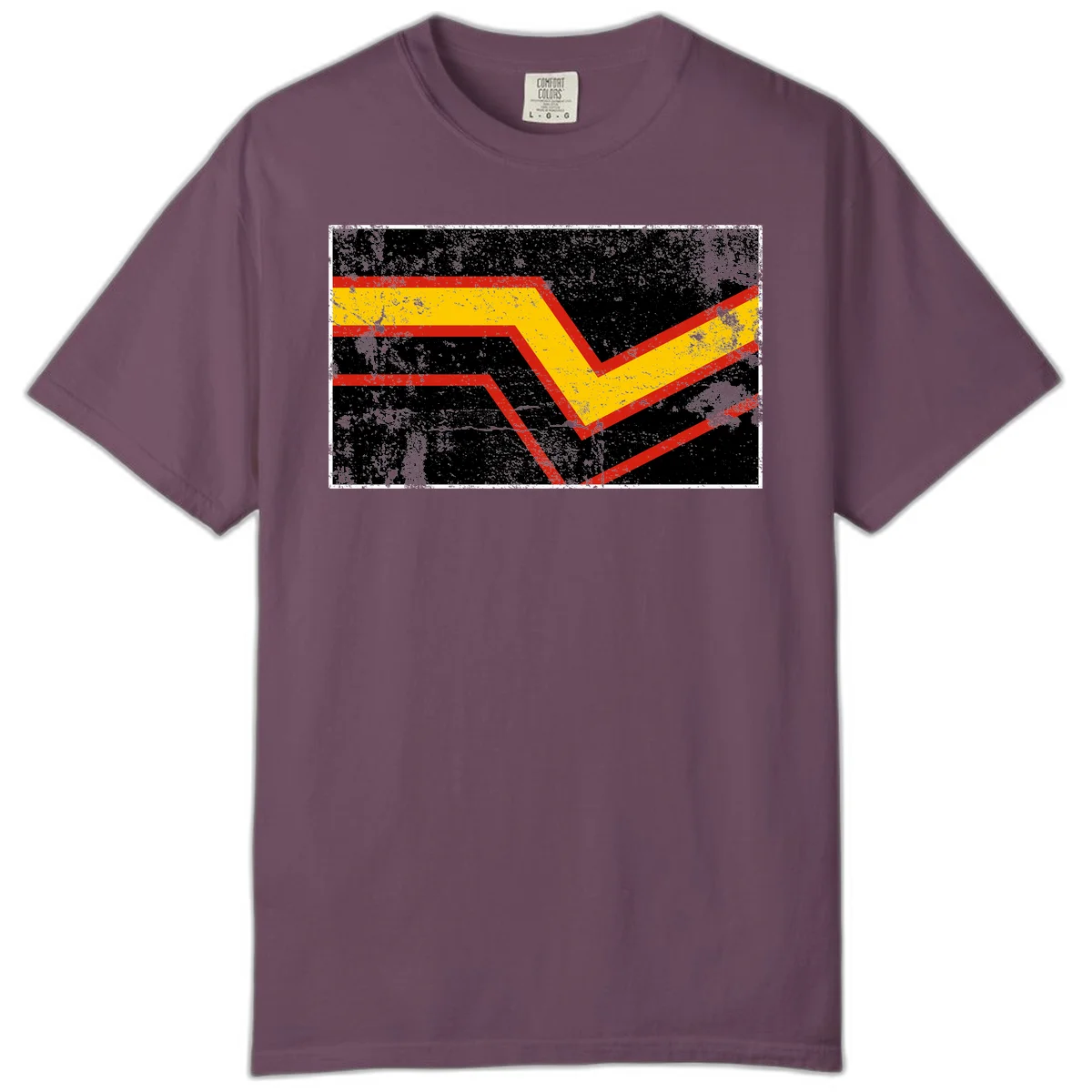 Bold geometric chevron checkmark with red and yellow stripes on distressed black background in Berry