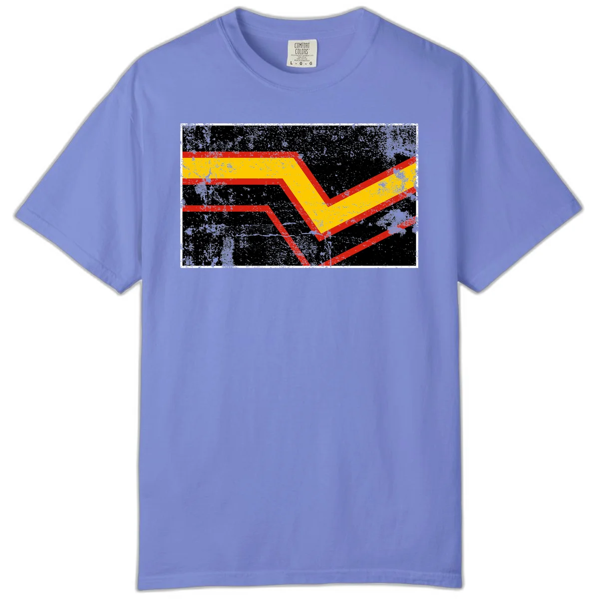 Bold geometric chevron checkmark with red and yellow stripes on distressed black background in Flo Blue