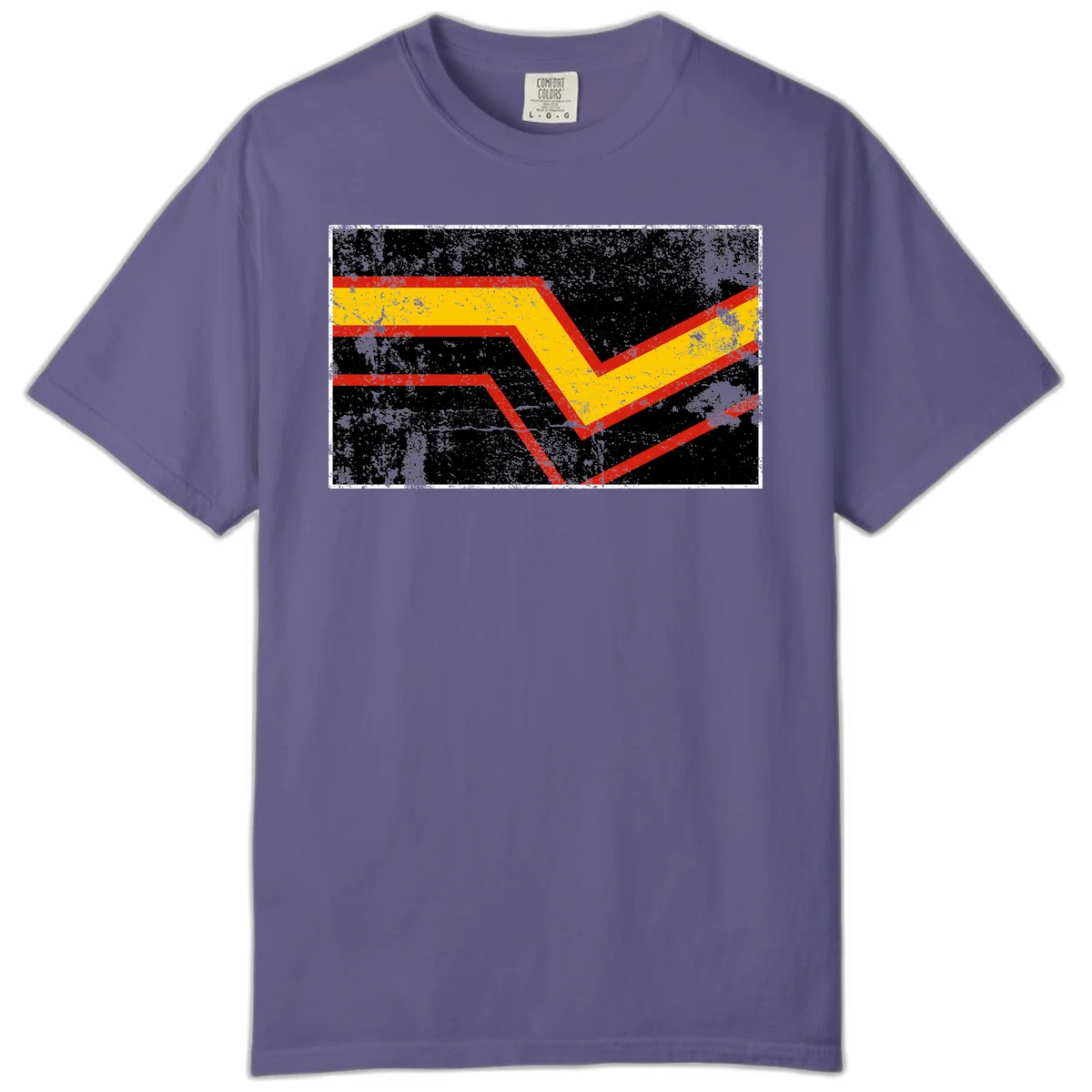 Bold geometric chevron checkmark with red and yellow stripes on distressed black background in Grape