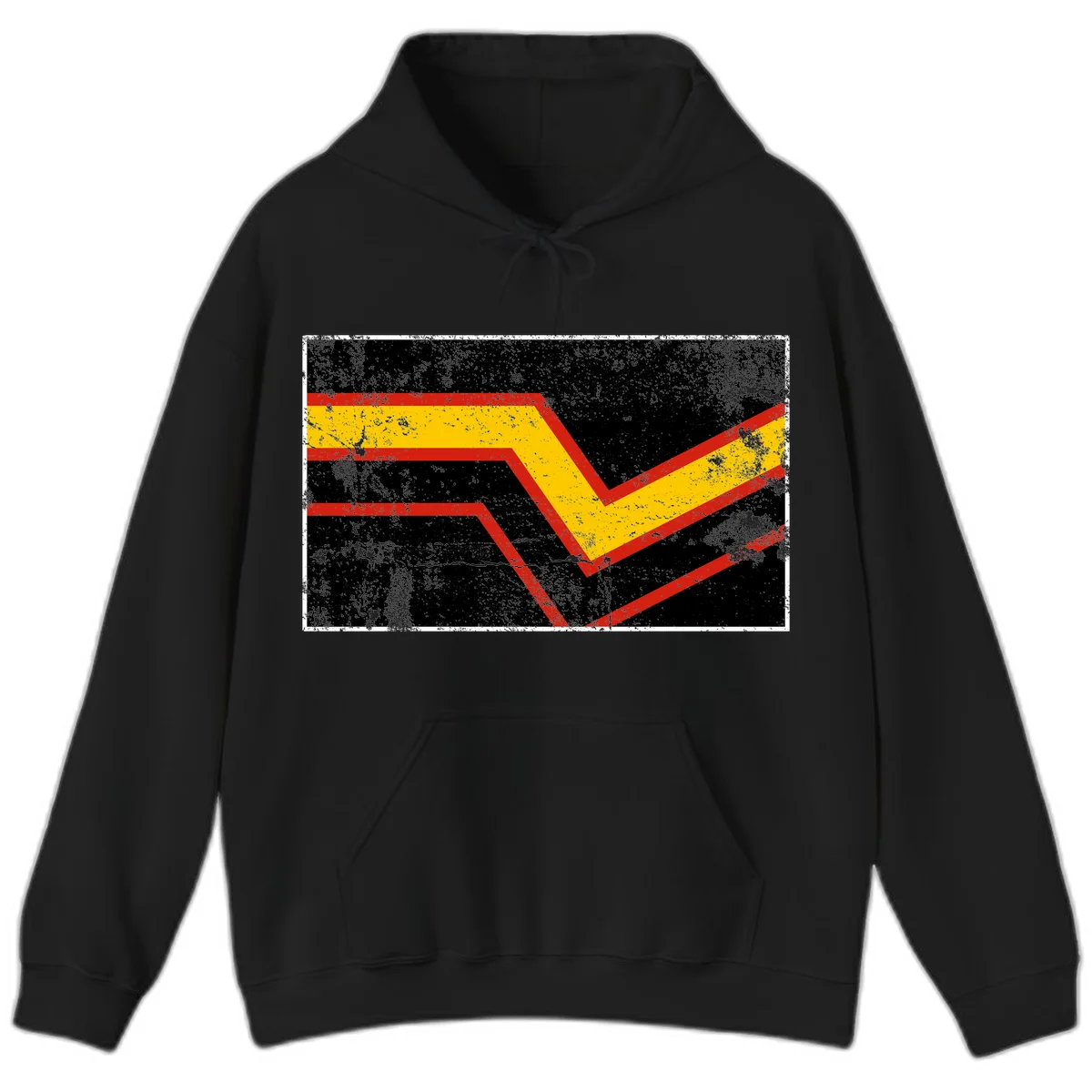 Bold geometric chevron checkmark with red and yellow stripes on distressed black background in Black