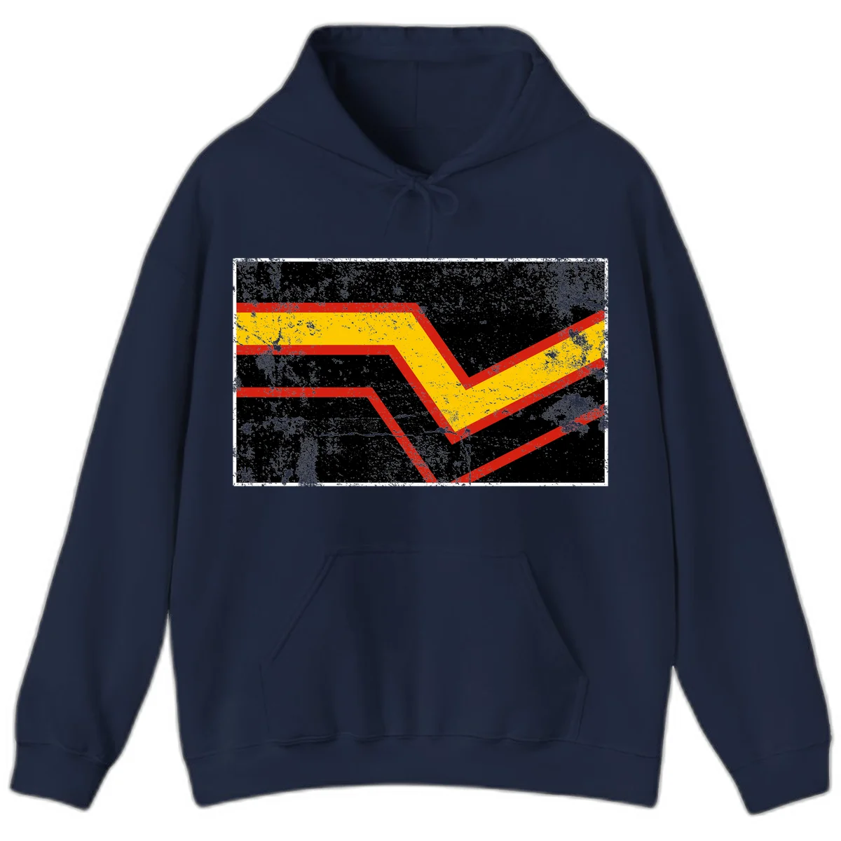 Bold geometric chevron checkmark with red and yellow stripes on distressed black background in Navy