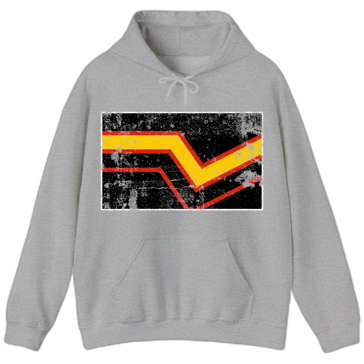 Bold geometric chevron checkmark with red and yellow stripes on distressed black background in Sport Grey