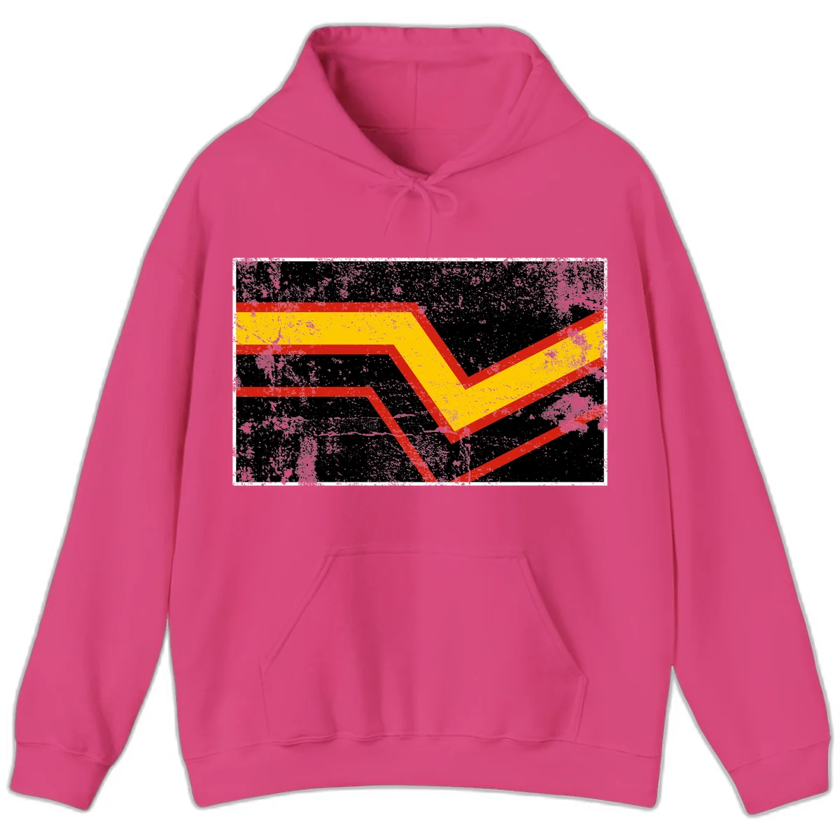 Bold geometric chevron checkmark with red and yellow stripes on distressed black background in Heliconia