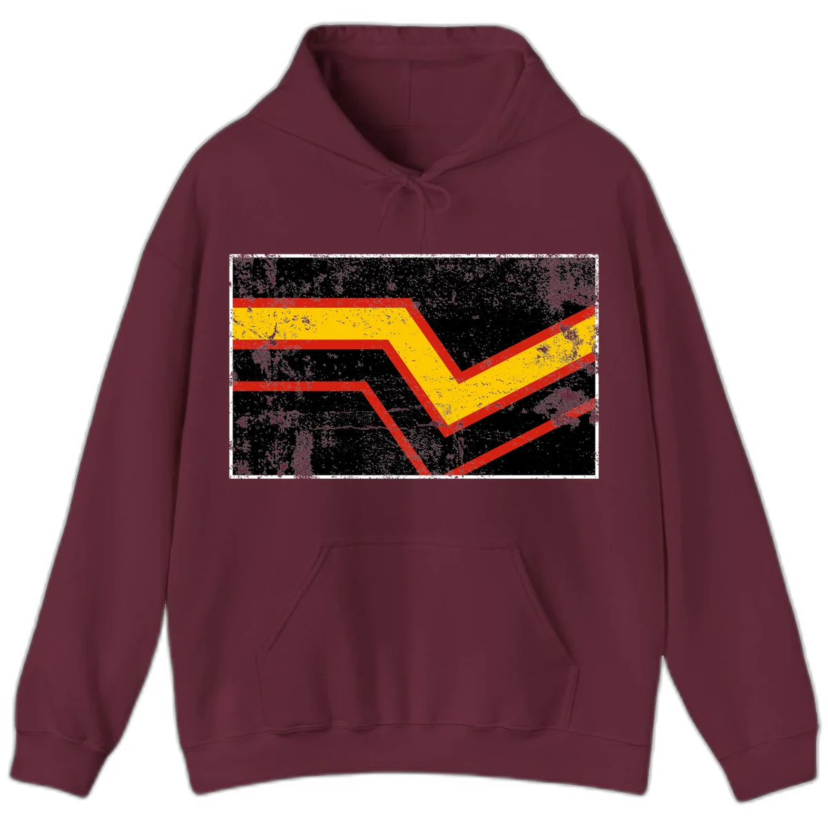 Bold geometric chevron checkmark with red and yellow stripes on distressed black background in Maroon