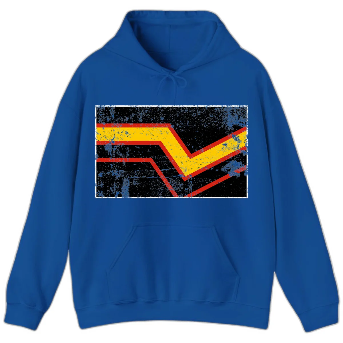 Bold geometric chevron checkmark with red and yellow stripes on distressed black background in Royal