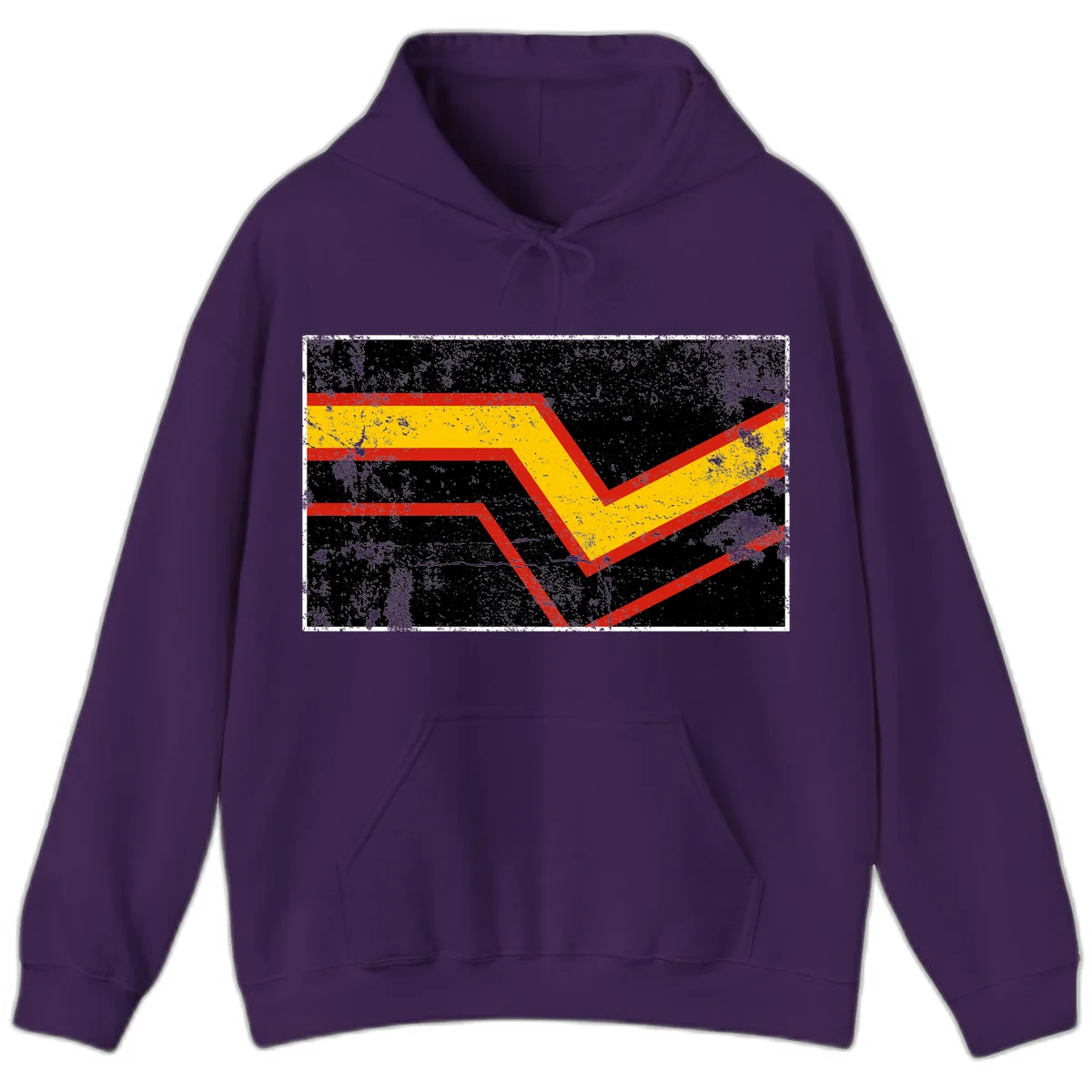 Bold geometric chevron checkmark with red and yellow stripes on distressed black background in Purple