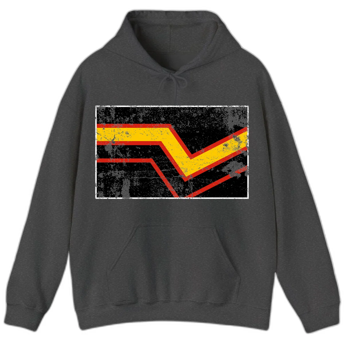 Bold geometric chevron checkmark with red and yellow stripes on distressed black background in Dark Heather