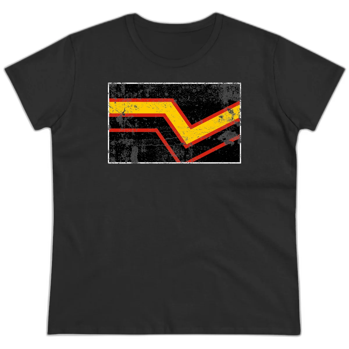 Bold geometric chevron checkmark with red and yellow stripes on distressed black background in Black