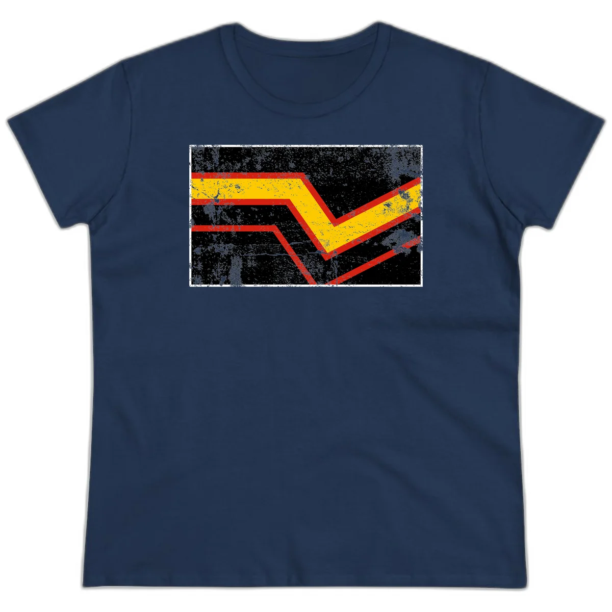 Bold geometric chevron checkmark with red and yellow stripes on distressed black background in Navy