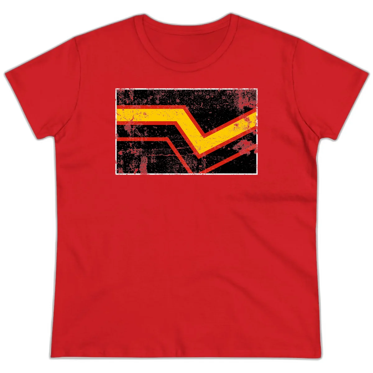 Bold geometric chevron checkmark with red and yellow stripes on distressed black background in Red