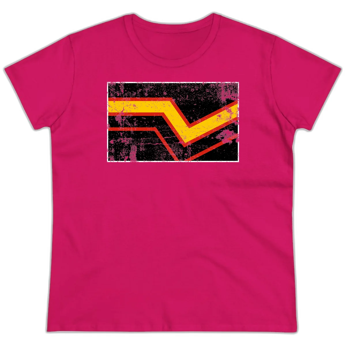 Bold geometric chevron checkmark with red and yellow stripes on distressed black background in Heliconia