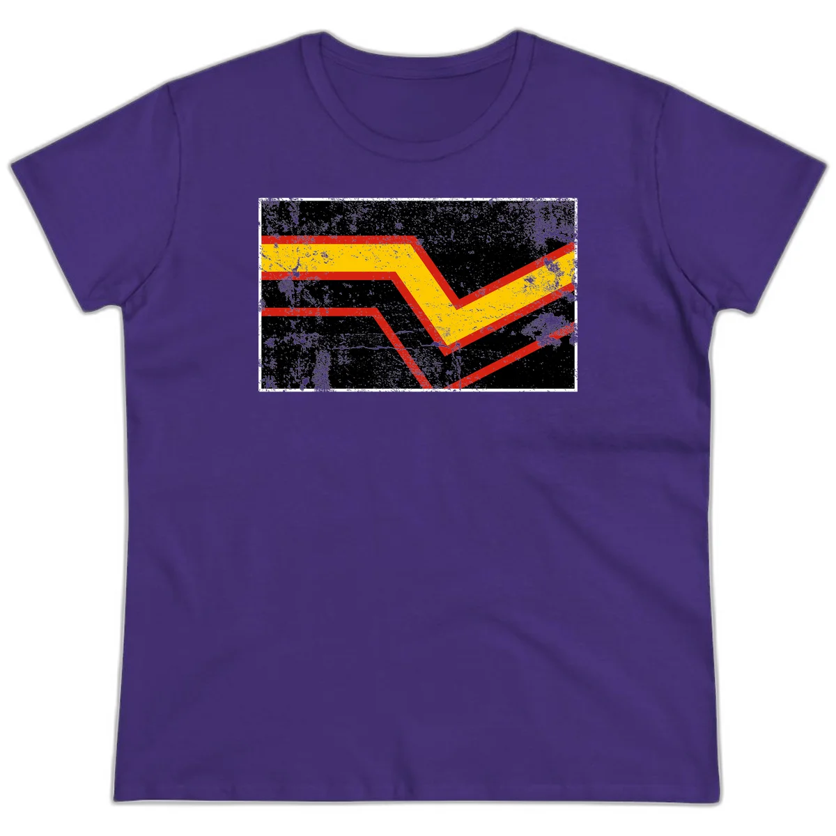 Bold geometric chevron checkmark with red and yellow stripes on distressed black background in Purple