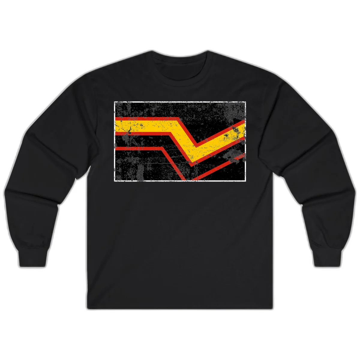 Bold geometric chevron checkmark with red and yellow stripes on distressed black background in Black