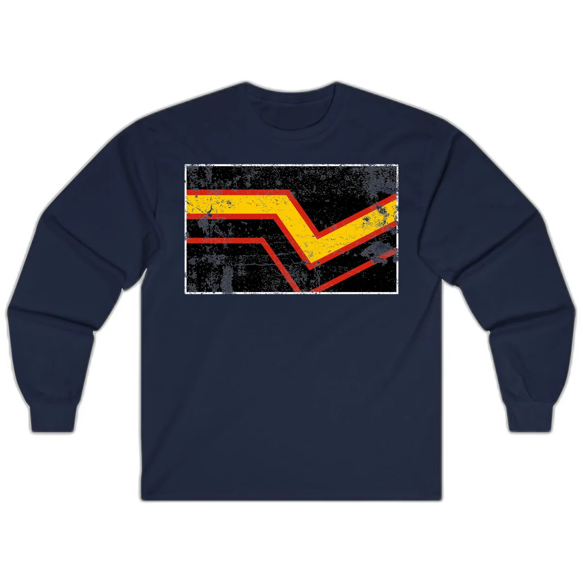 Bold geometric chevron checkmark with red and yellow stripes on distressed black background in Navy