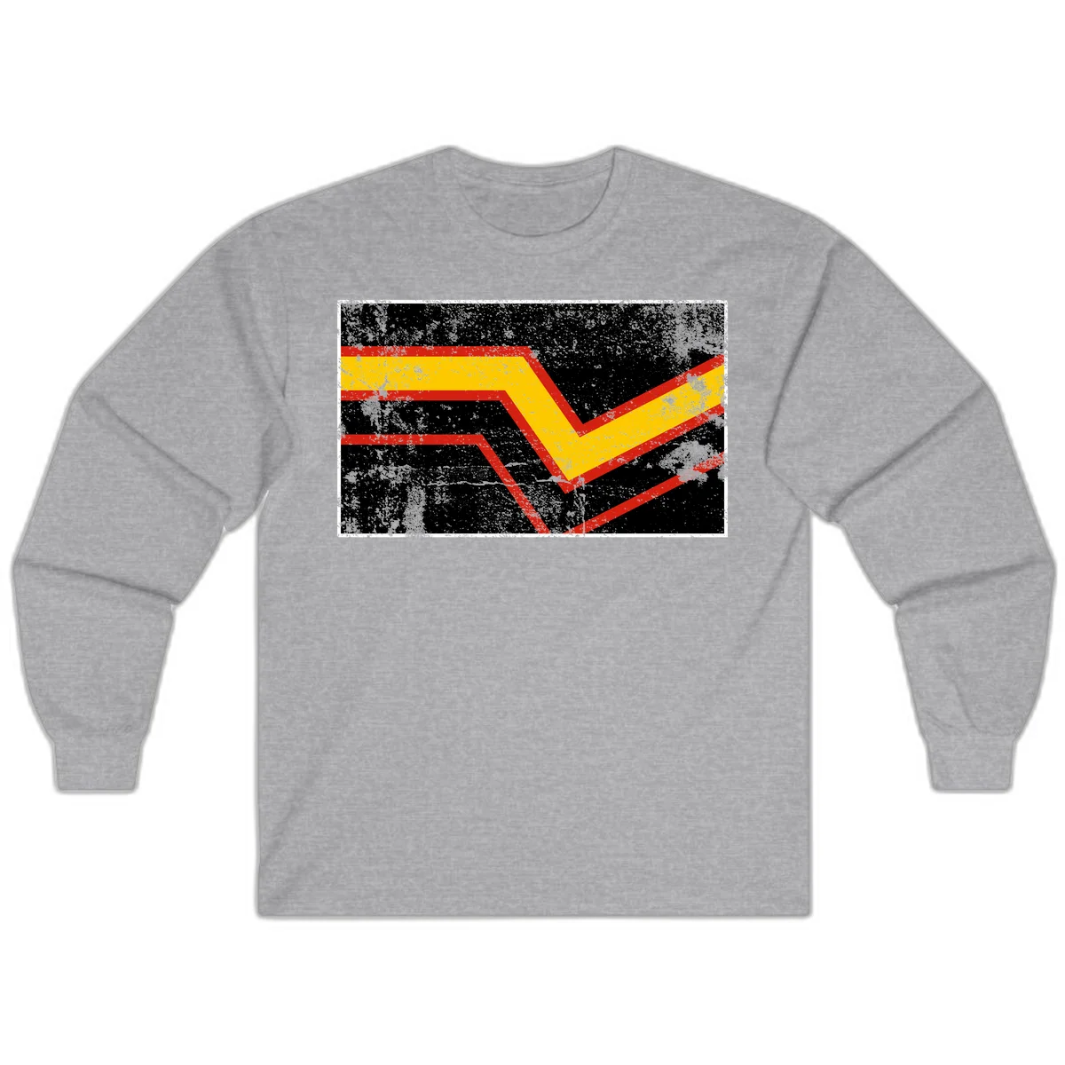 Bold geometric chevron checkmark with red and yellow stripes on distressed black background in Sport Grey