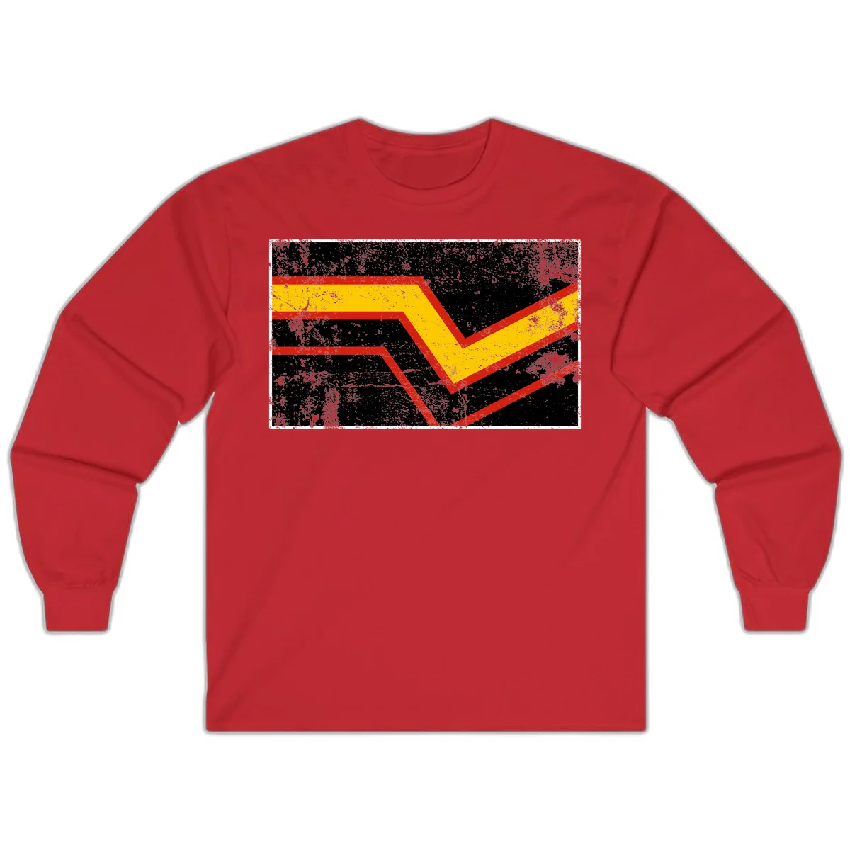 Bold geometric chevron checkmark with red and yellow stripes on distressed black background in Red