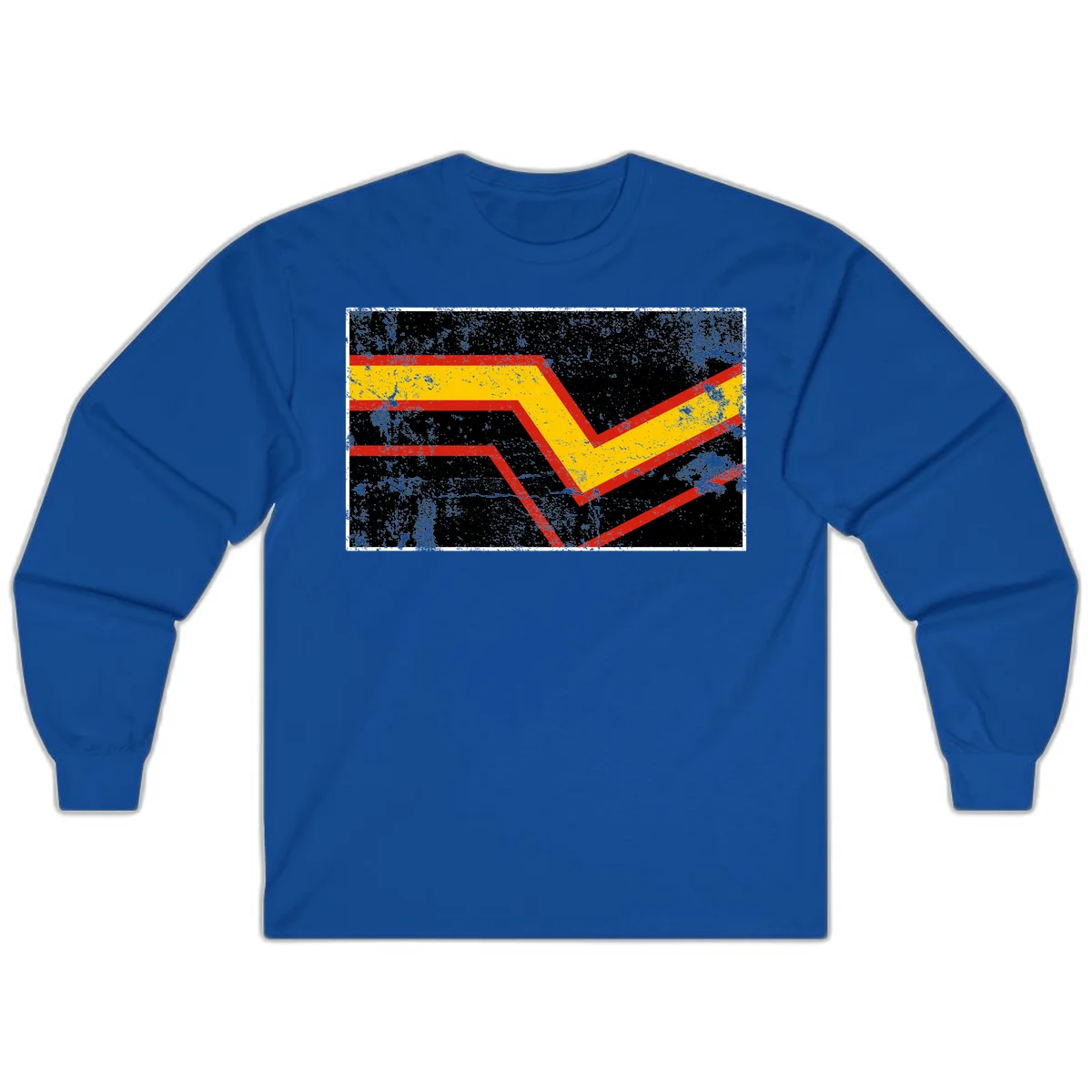 Bold geometric chevron checkmark with red and yellow stripes on distressed black background in Royal