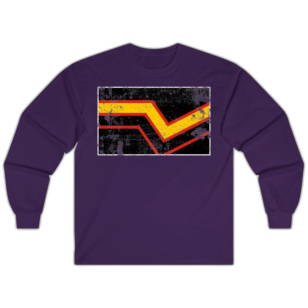 Bold geometric chevron checkmark with red and yellow stripes on distressed black background in Purple