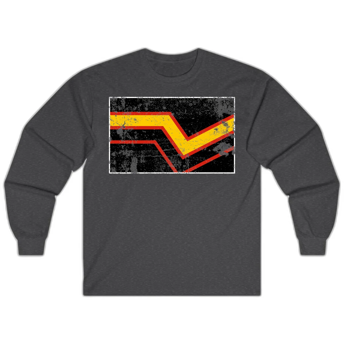 Bold geometric chevron checkmark with red and yellow stripes on distressed black background in Dark Heather