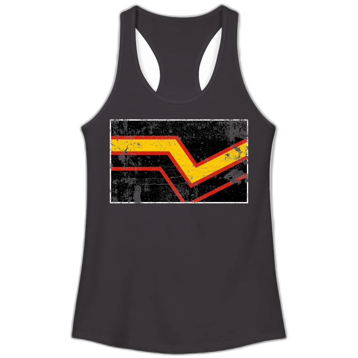 Bold geometric chevron checkmark with red and yellow stripes on distressed black background in Black