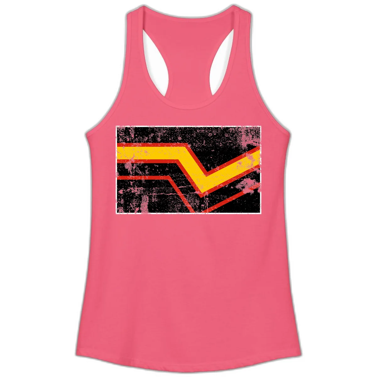 Bold geometric chevron checkmark with red and yellow stripes on distressed black background in Hot Pink