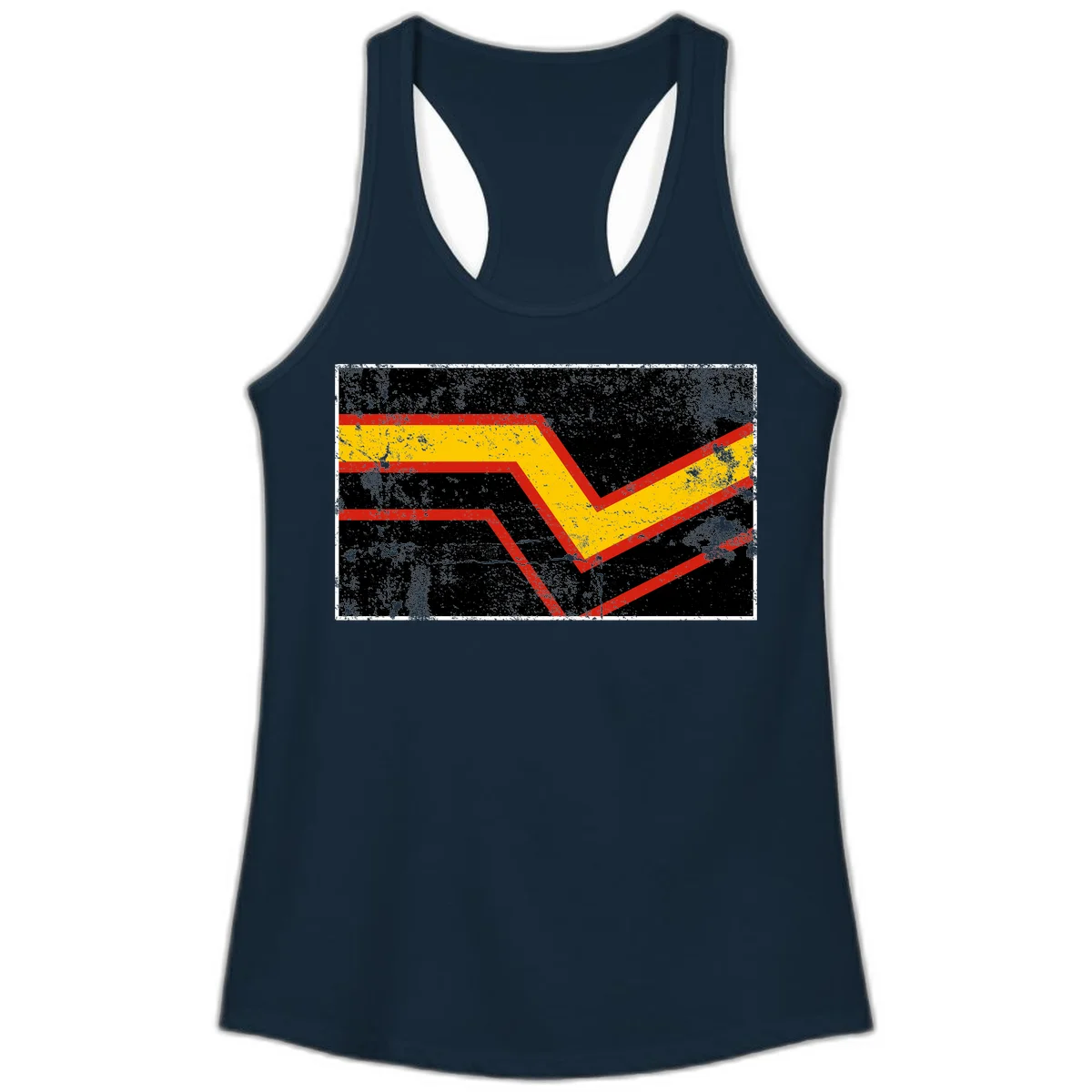 Bold geometric chevron checkmark with red and yellow stripes on distressed black background in Solid Midnight Navy