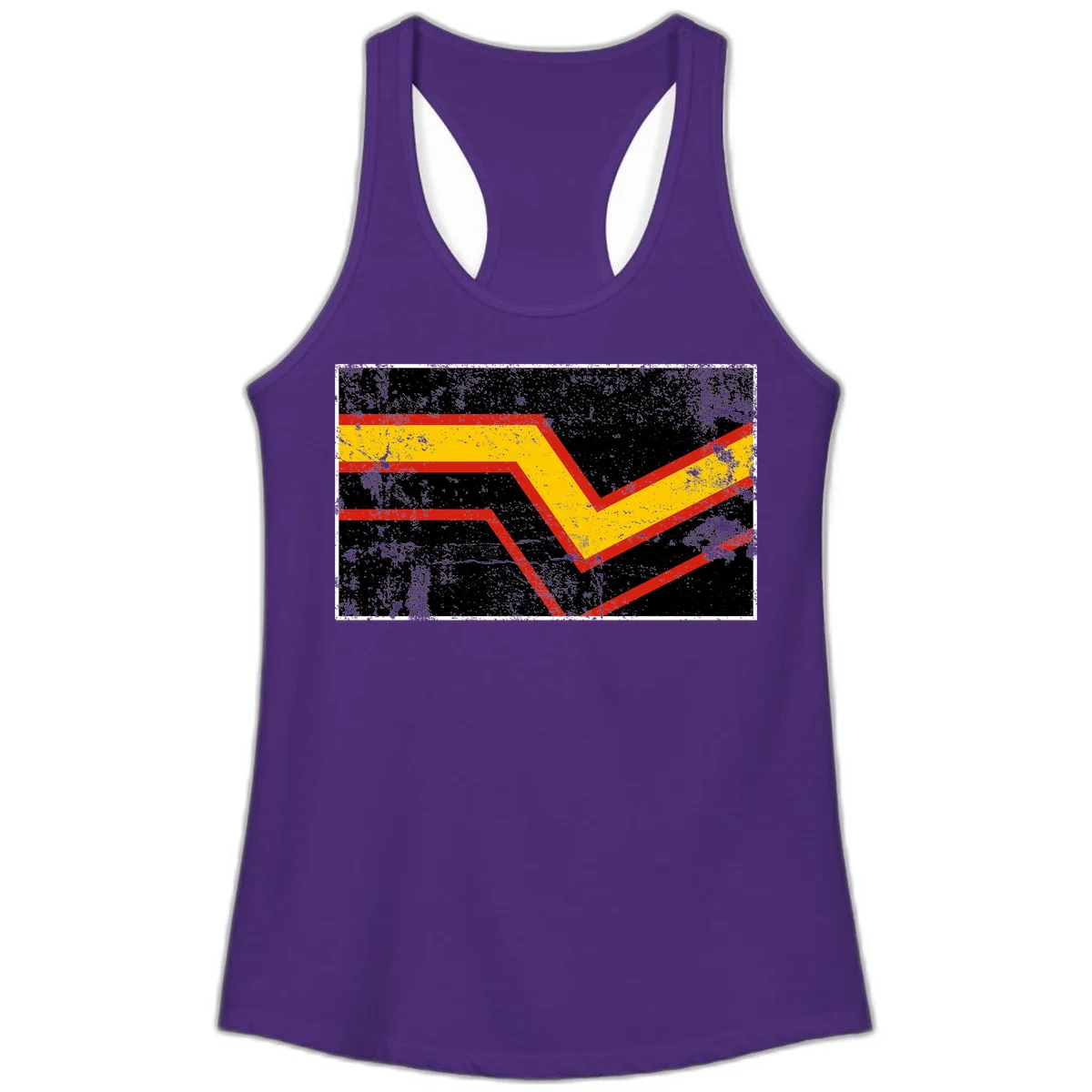 Bold geometric chevron checkmark with red and yellow stripes on distressed black background in Solid Purple Rush