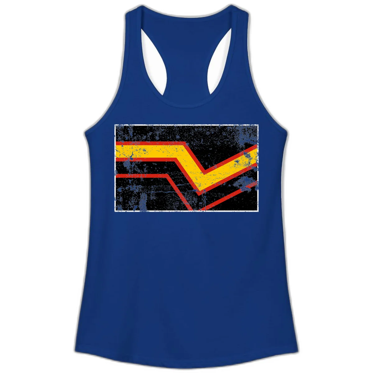 Bold geometric chevron checkmark with red and yellow stripes on distressed black background in Solid Royal