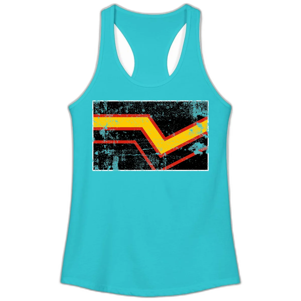 Bold geometric chevron checkmark with red and yellow stripes on distressed black background in Solid Tahiti Blue