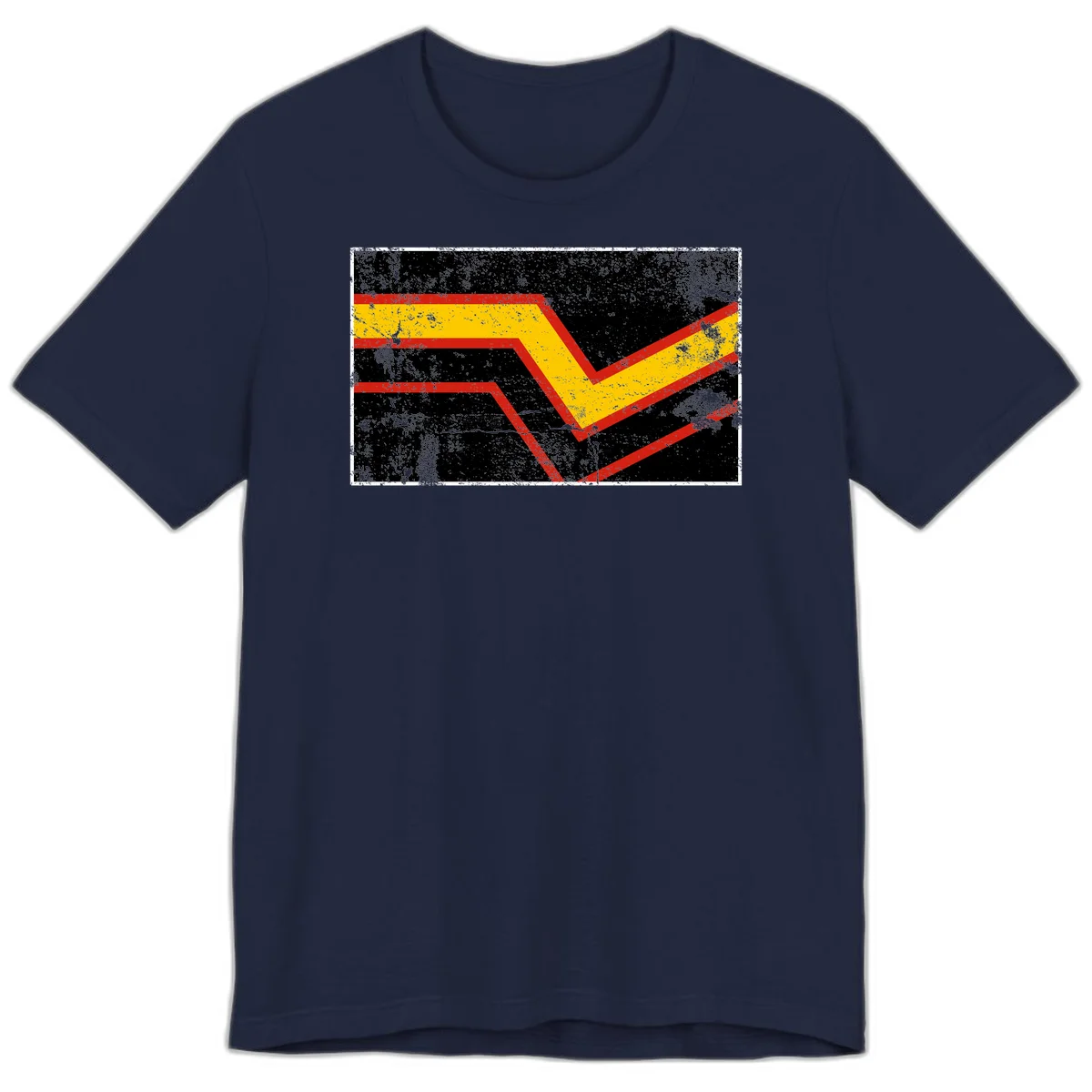 Bold geometric chevron checkmark with red and yellow stripes on distressed black background in Navy