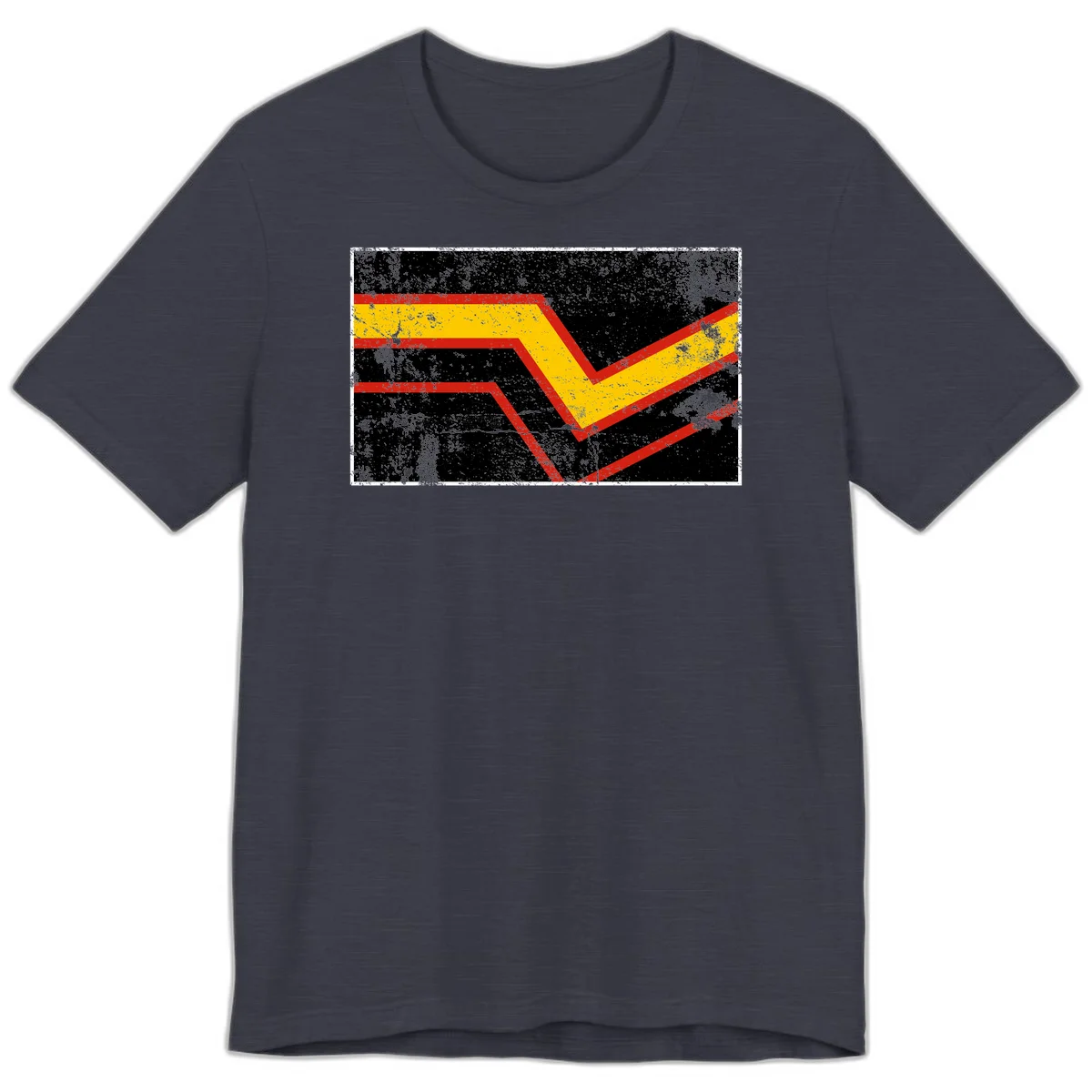 Bold geometric chevron checkmark with red and yellow stripes on distressed black background in Heather Midnight Navy