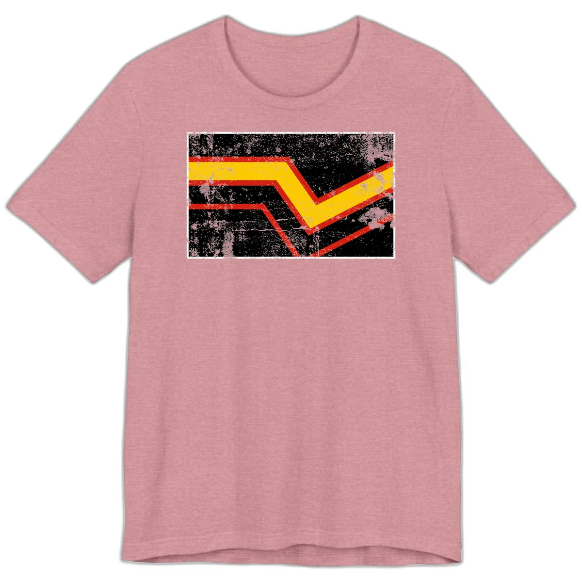 Bold geometric chevron checkmark with red and yellow stripes on distressed black background in Heather Orchid