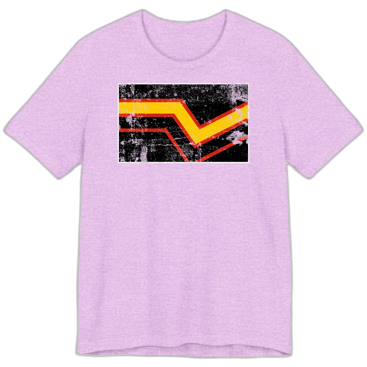 Bold geometric chevron checkmark with red and yellow stripes on distressed black background in Heather Prism Lilac