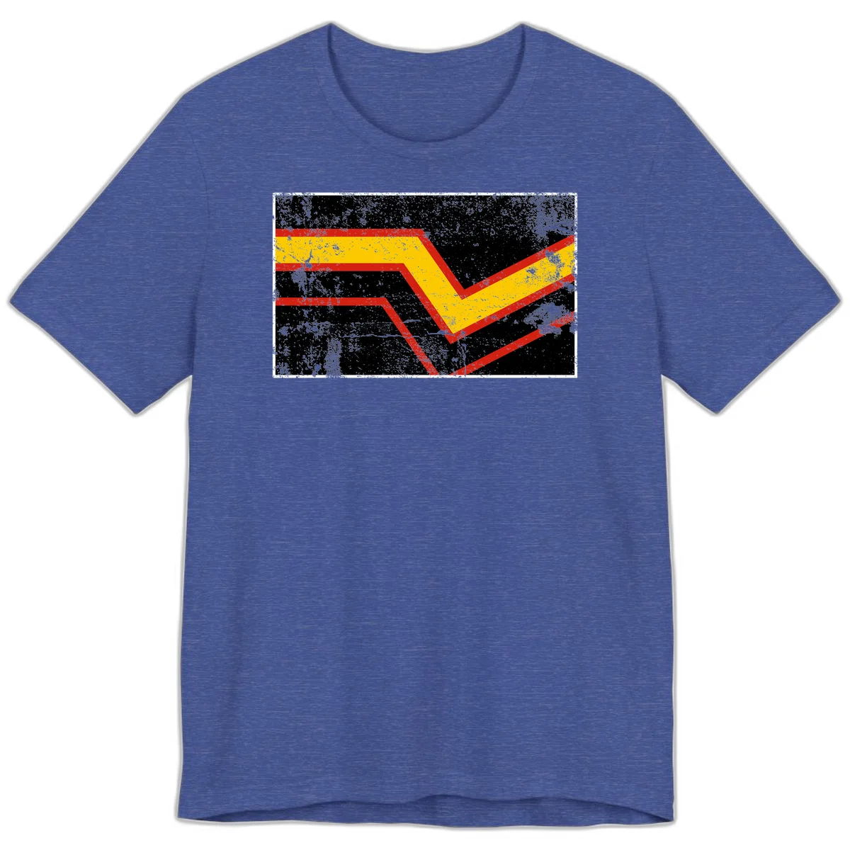 Bold geometric chevron checkmark with red and yellow stripes on distressed black background in Heather True Royal