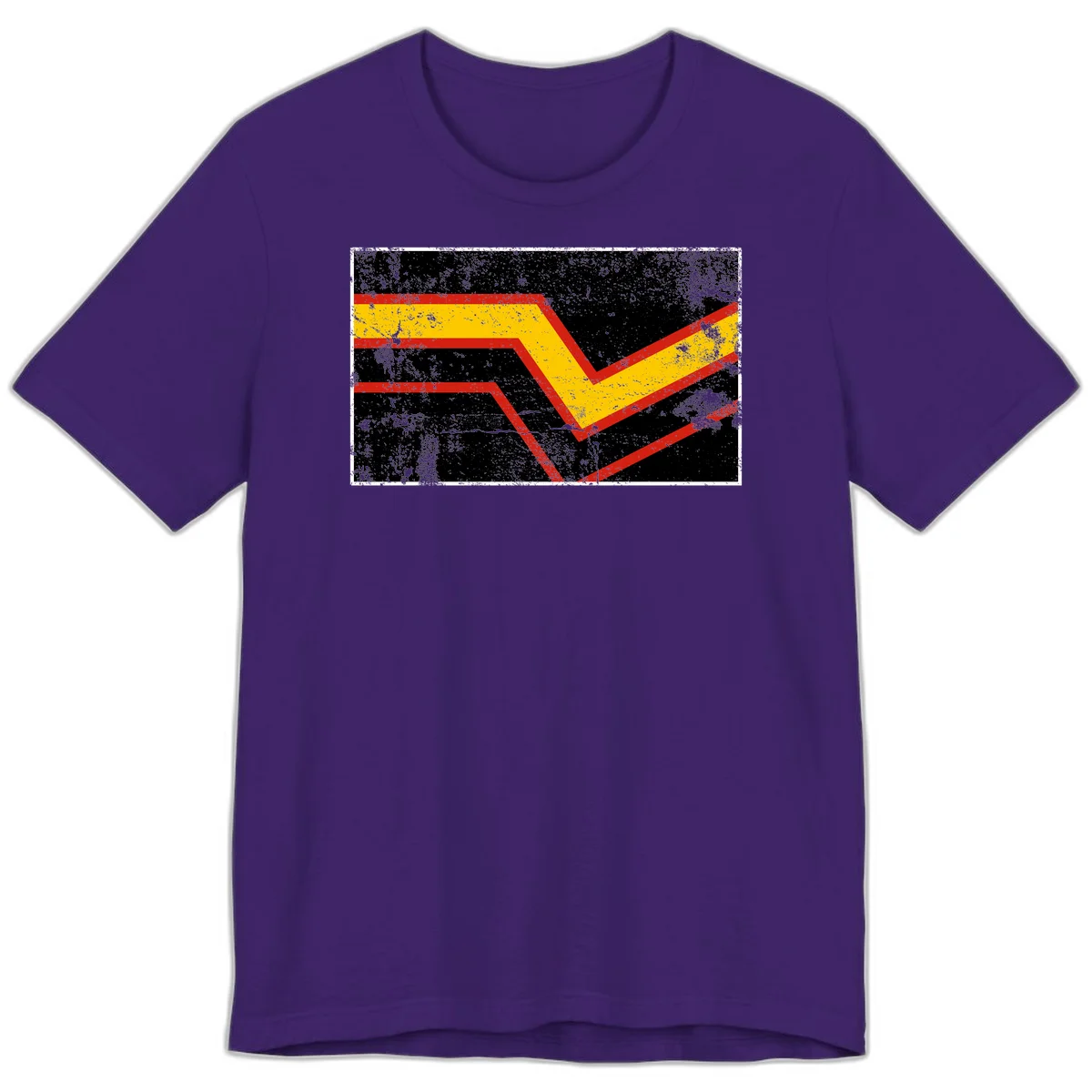 Bold geometric chevron checkmark with red and yellow stripes on distressed black background in Team Purple