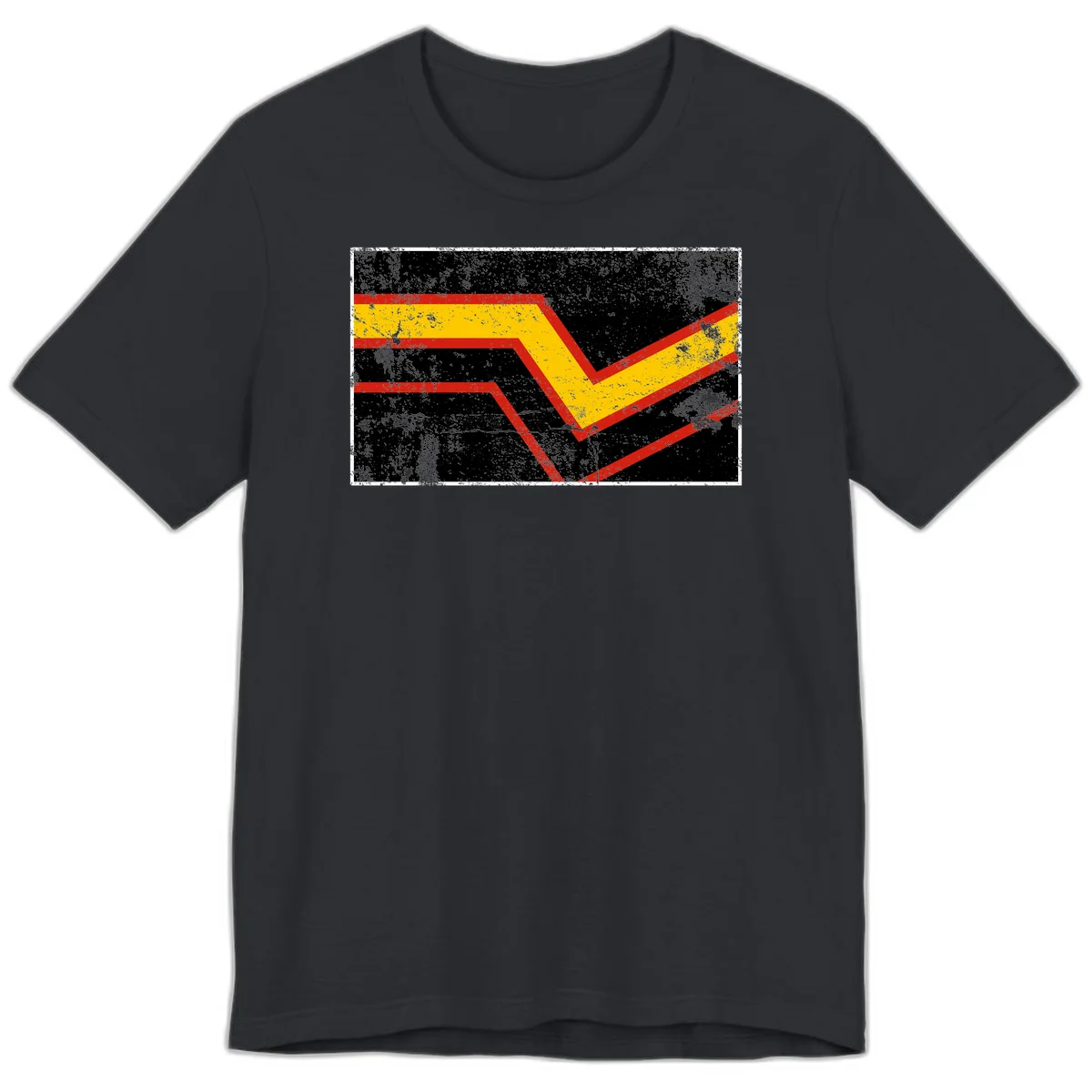 Bold geometric chevron checkmark with red and yellow stripes on distressed black background in Vintage Black