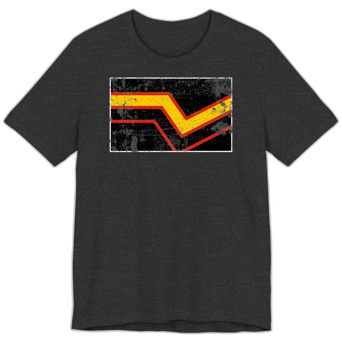 Bold geometric chevron checkmark with red and yellow stripes on distressed black background in Dark Grey Heather