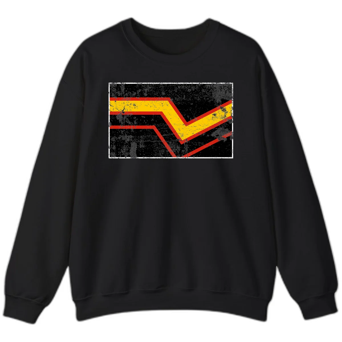 Bold geometric chevron checkmark with red and yellow stripes on distressed black background in Black