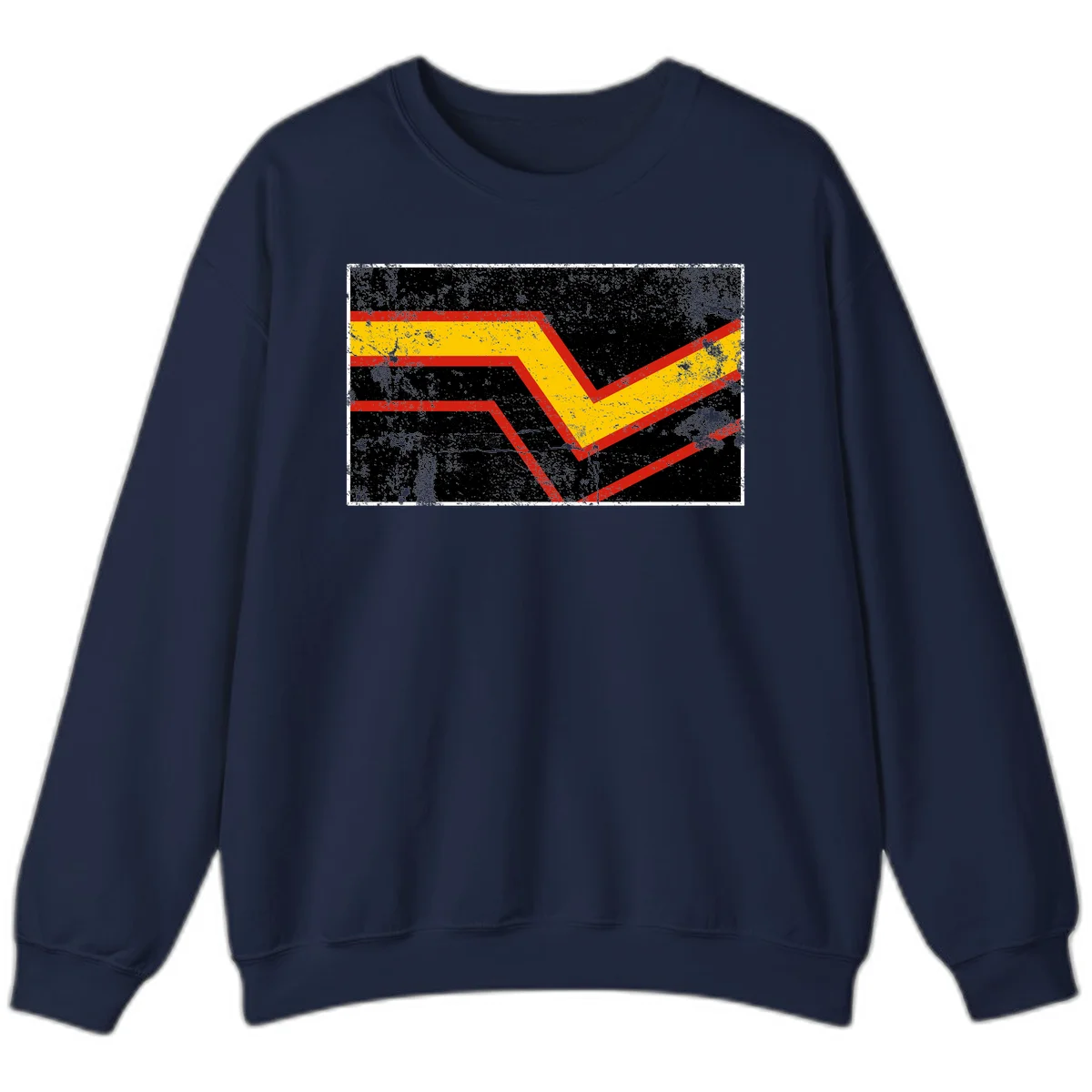 Bold geometric chevron checkmark with red and yellow stripes on distressed black background in Navy