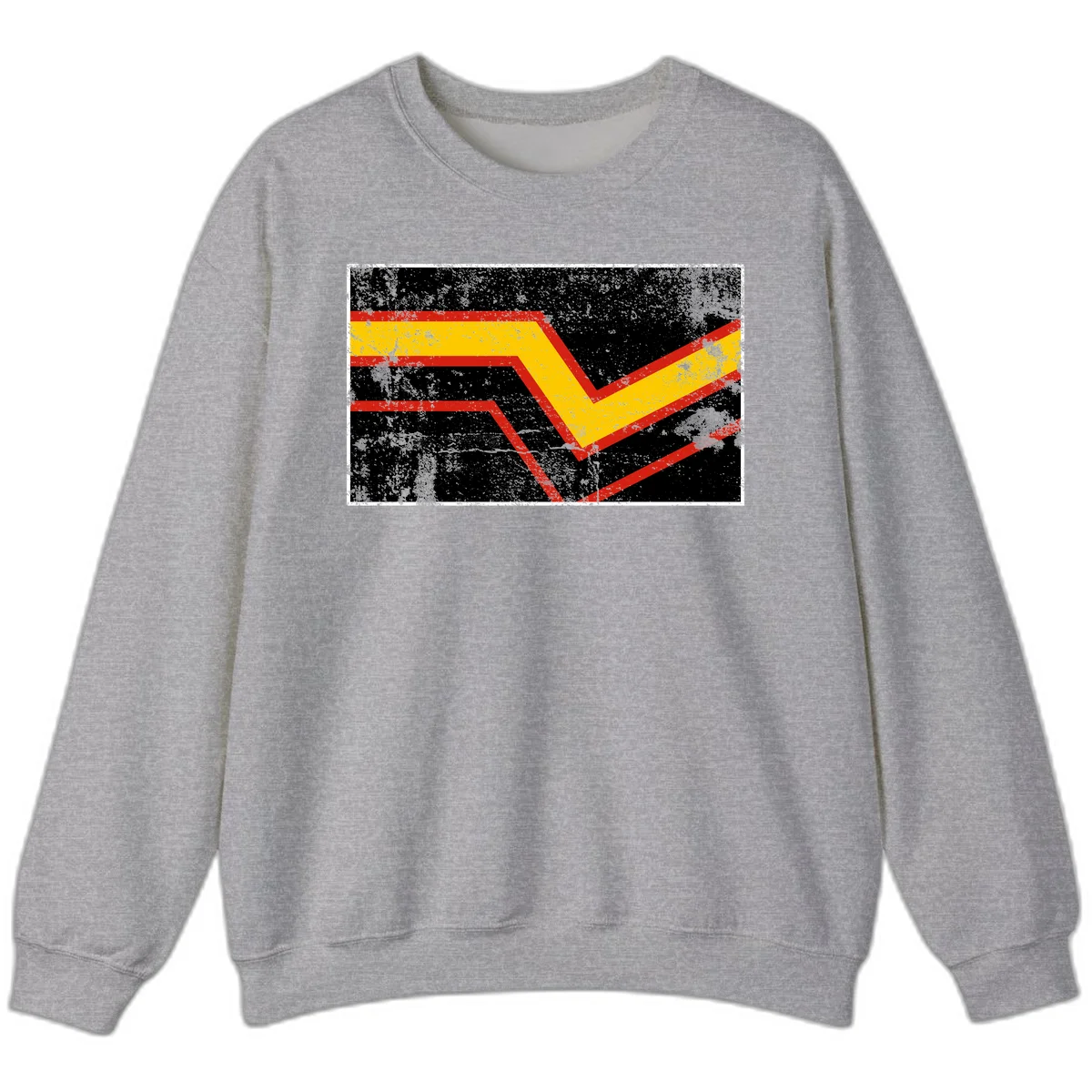 Bold geometric chevron checkmark with red and yellow stripes on distressed black background in Sport Grey