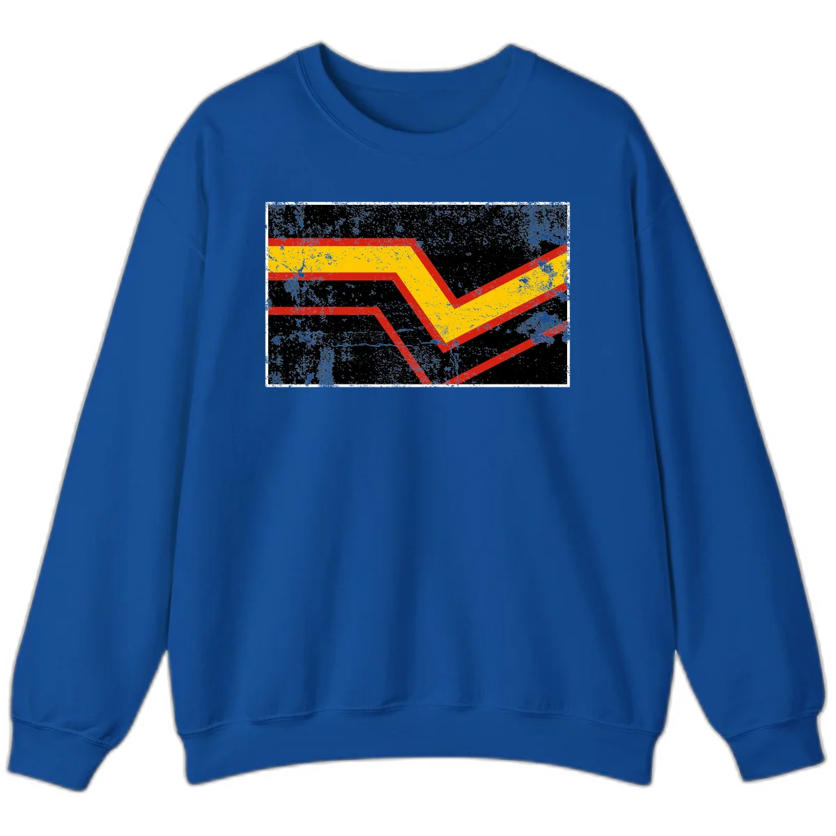 Bold geometric chevron checkmark with red and yellow stripes on distressed black background in Royal