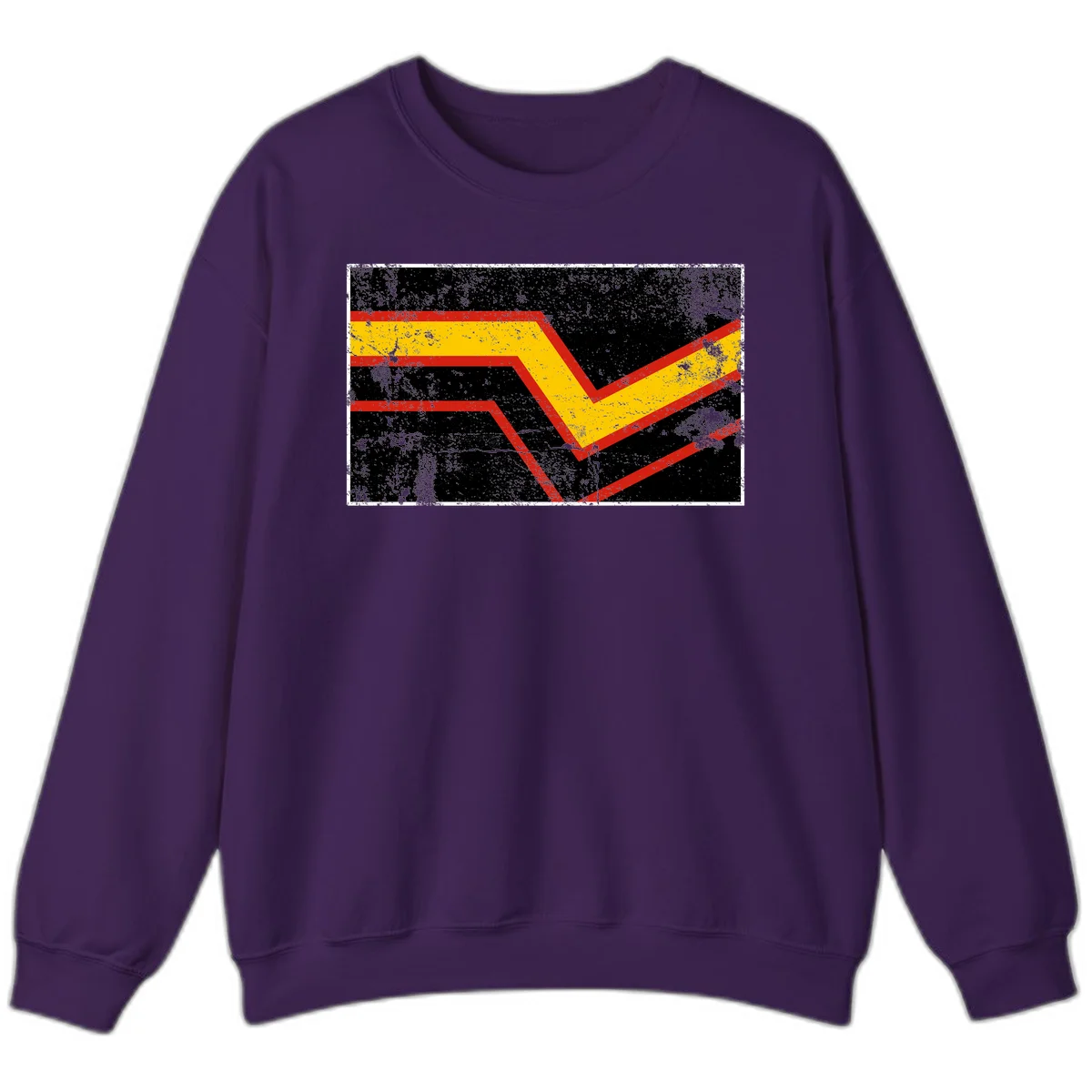 Bold geometric chevron checkmark with red and yellow stripes on distressed black background in Purple