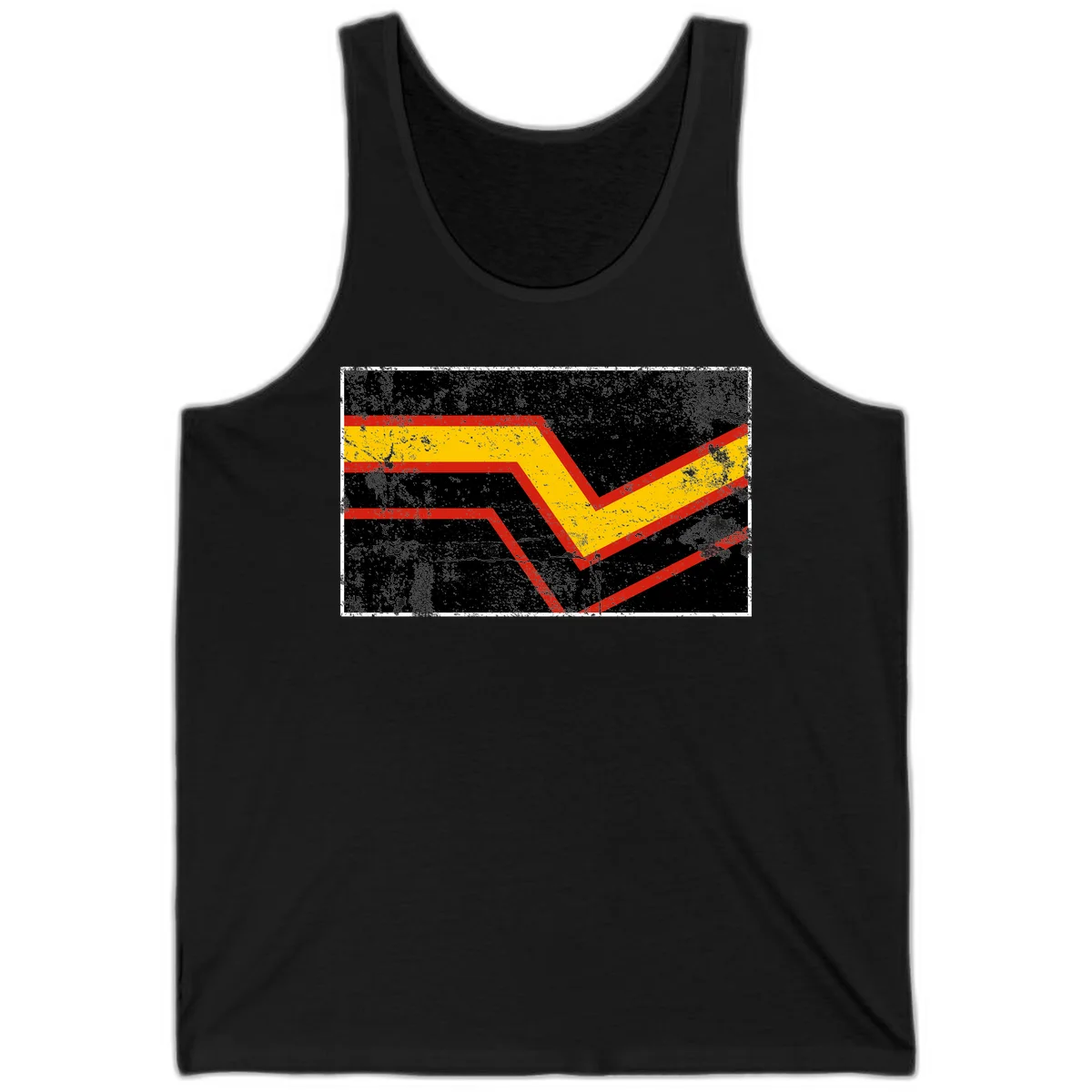 Bold geometric chevron checkmark with red and yellow stripes on distressed black background in Black