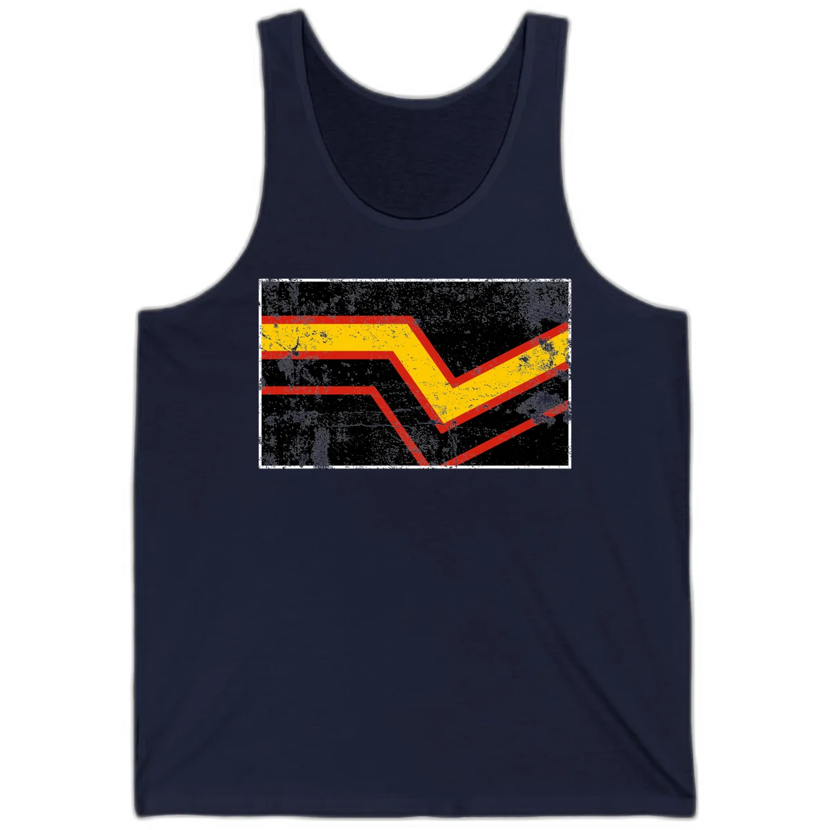 Bold geometric chevron checkmark with red and yellow stripes on distressed black background in Navy