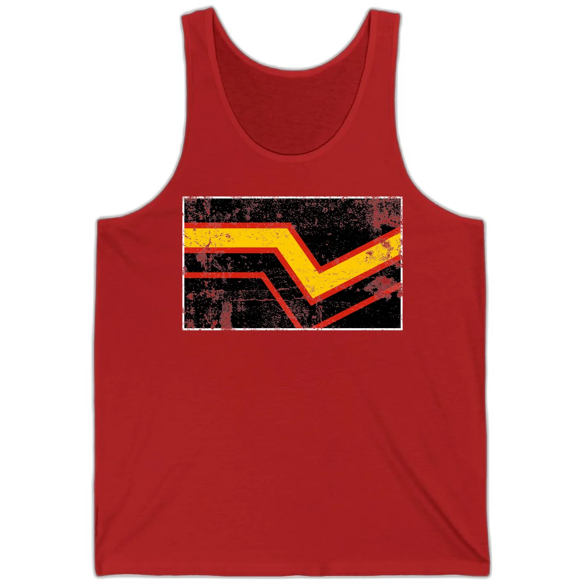 Bold geometric chevron checkmark with red and yellow stripes on distressed black background in Red