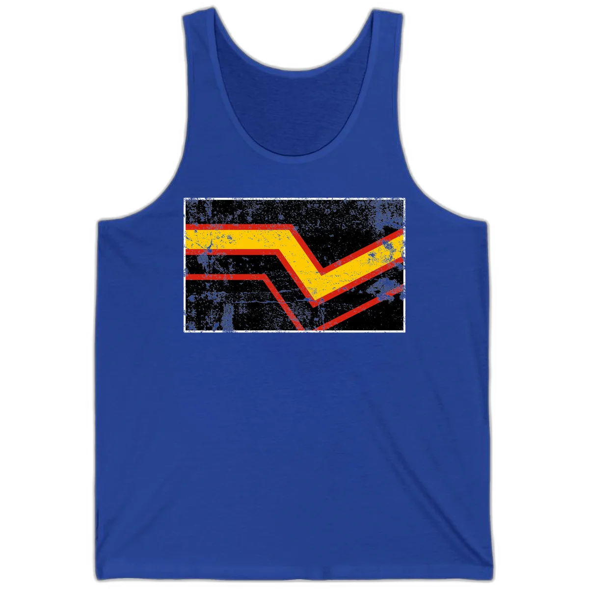 Bold geometric chevron checkmark with red and yellow stripes on distressed black background in True Royal