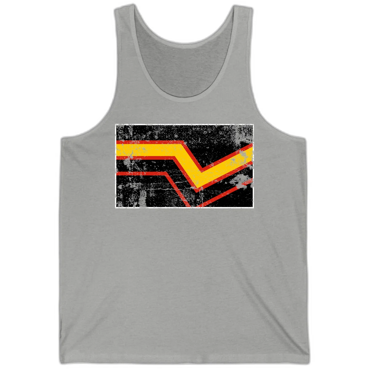 Bold geometric chevron checkmark with red and yellow stripes on distressed black background in Athletic Heather